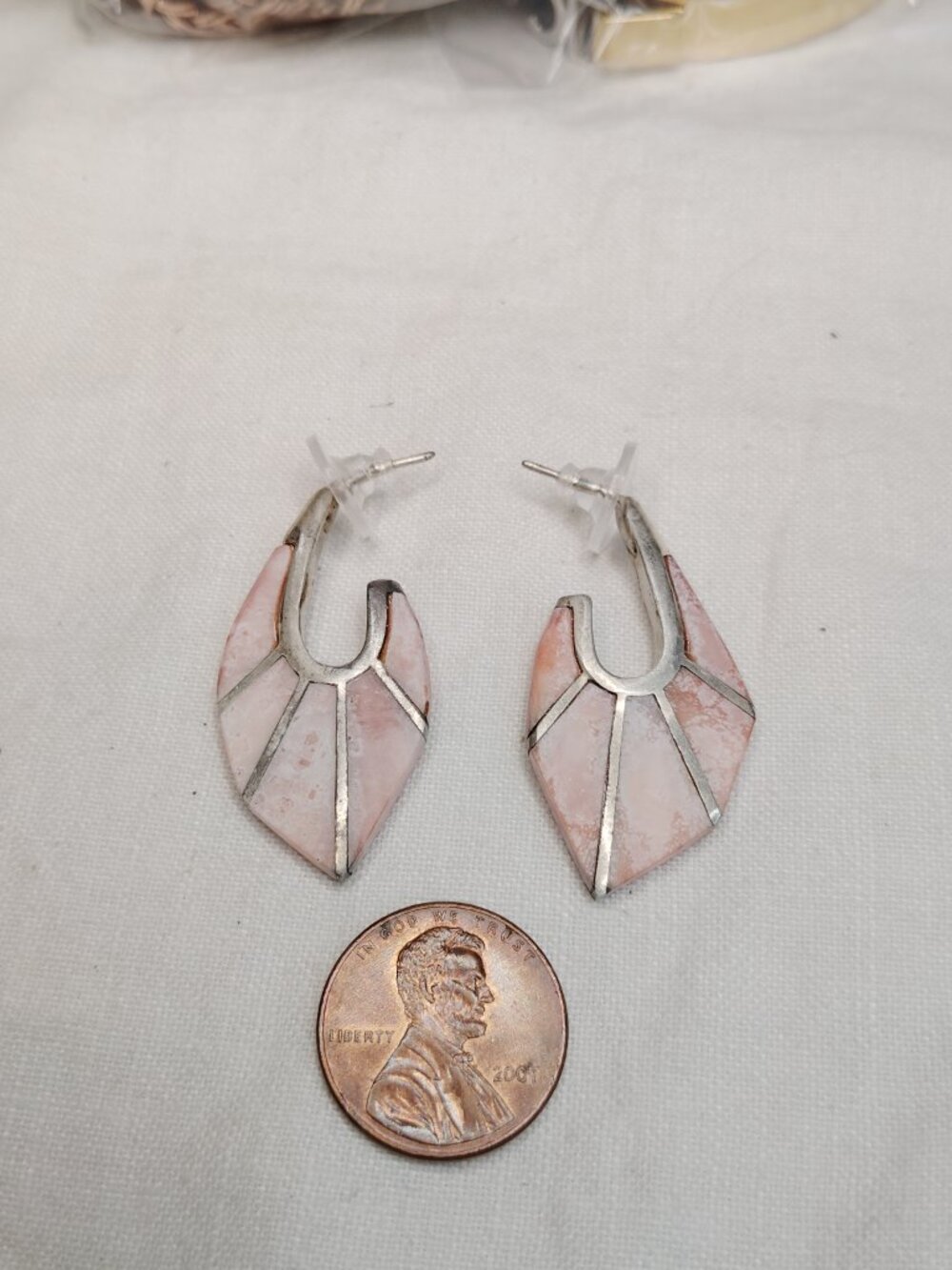 Sterling Silver Pink Stone Inlay Earrings – Geometric Artisan 1.5" Drop - Picture 6 of 7